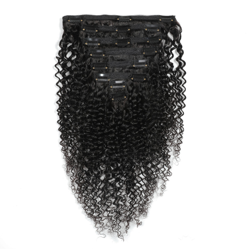 Real Hair Wig Clip-on Hair 8 Piece Set Black Women's Virgin Wig Deep Wave Curl Pre-Pick