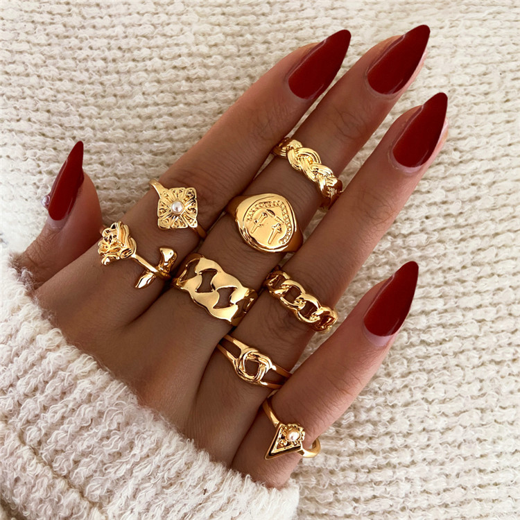 New Alloy Joint Ring Creative Simple Pearl Rose Ring Set 8-Piece Set Jewelry Rings