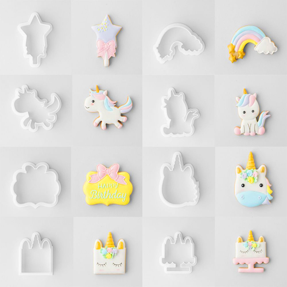 8Pcs/Set DIY Cute Cartoon Unicorn Horse Shape Fondant Cake Cookie Cutter Mold Biscuit Decorating Moulds Kitchen Baking Tool