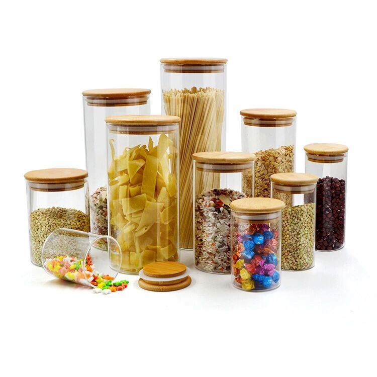 Bottles Jars Kitchen Storage Canister Airtight Round Bottle 200Ml 1300Ml Spices Storage Bamboo Lids Glass Food Storage Jar