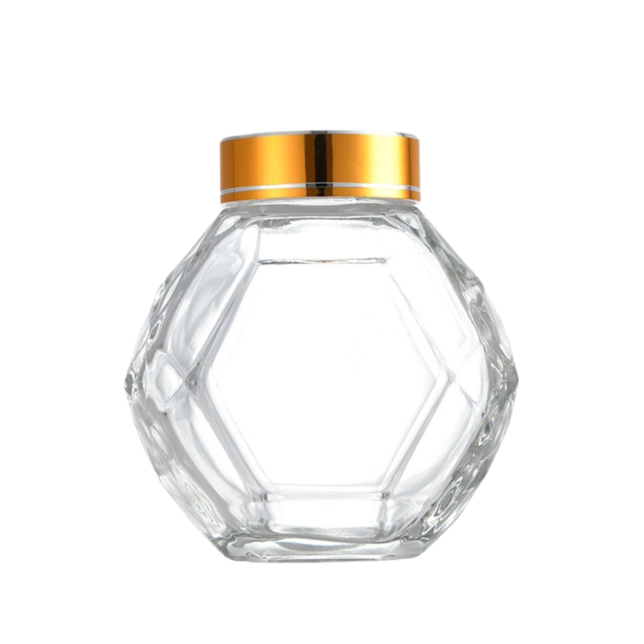 Boreal Europe style honey jar glass design of polyhedron glass honey jars with lid for dinner and wedding