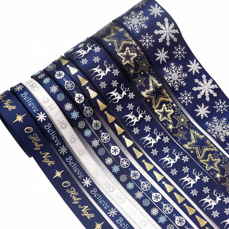 deep blue christmas decoration woven satin ribbon tree snow deer printed gift wrapping ribbon set for holiday