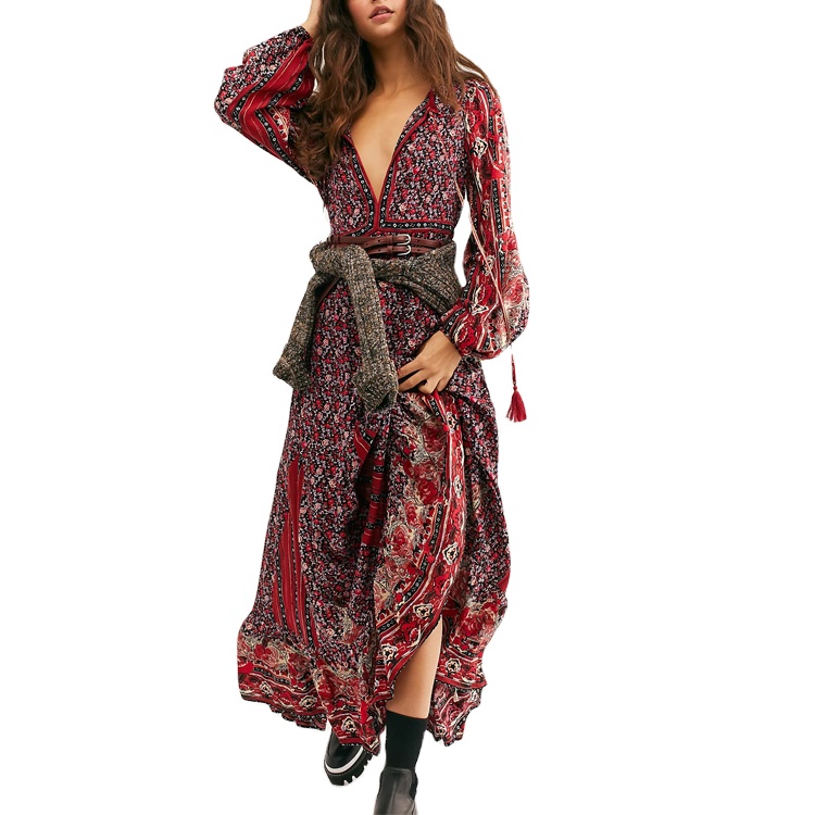 Bohemian style women casual long sleeve tassel neck tie loose maxi dresses