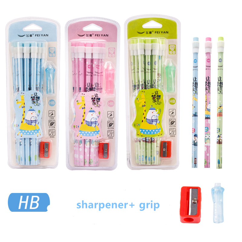 Wood Black Custom Set round printing HB pencil with big eraser 12pcs blister card packing set with sharpener and grip
