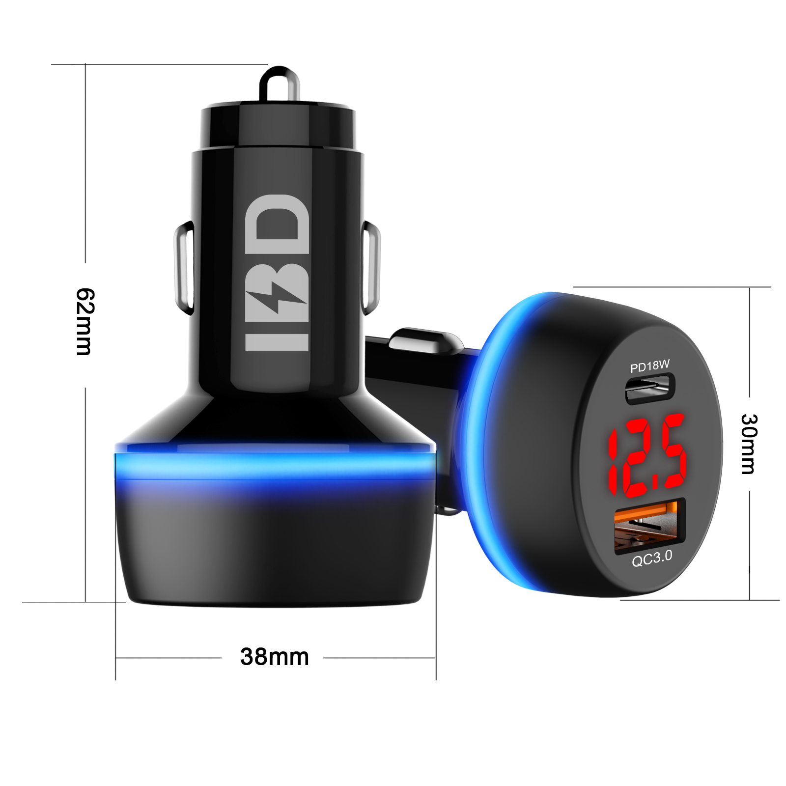 IBD2020 newest design led display dual-port usb car charger qc3.0 with pd 18w phone charger car