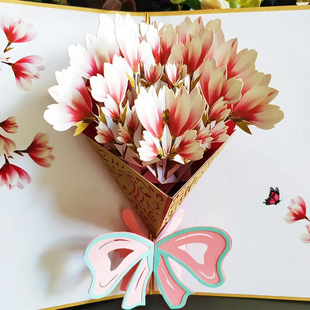 beauty Magnolia 3d flower pop up teacher's day greeting cards paper laser cutting 3d mother's day cards