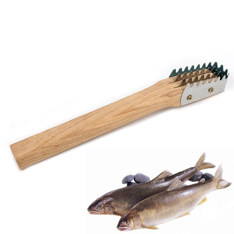Kitchen Fish Scales Scraper Fast Cleaning Knife Wood Handle Stainless Metal Fish Skin Remover Seafood Tools