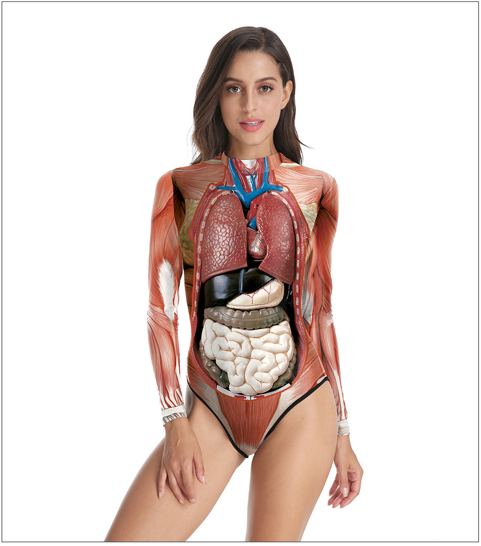 2021 Sexy Body Tissue Print Halloween Long Sleeve Night Party Performance One Piece Woman Bikini Swimsuit Halloween Costumes