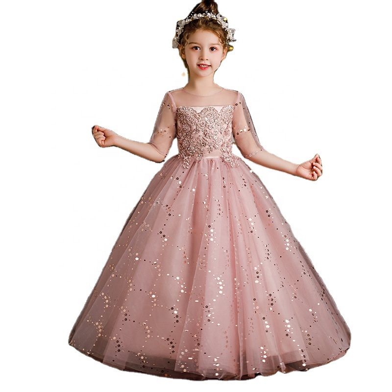 High-end Pink Beading Floral Children Party Wear Kids Communion Dresses Concert Gown Birthday 7 Years Old Flower Girl Dresses