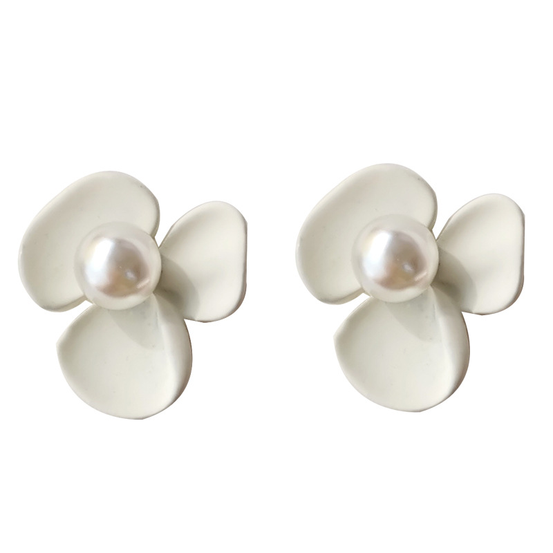 Wholesale Korean Earrings S925 silver needle camellia flower painted white color stud with pearl pistil women's wedding earrings