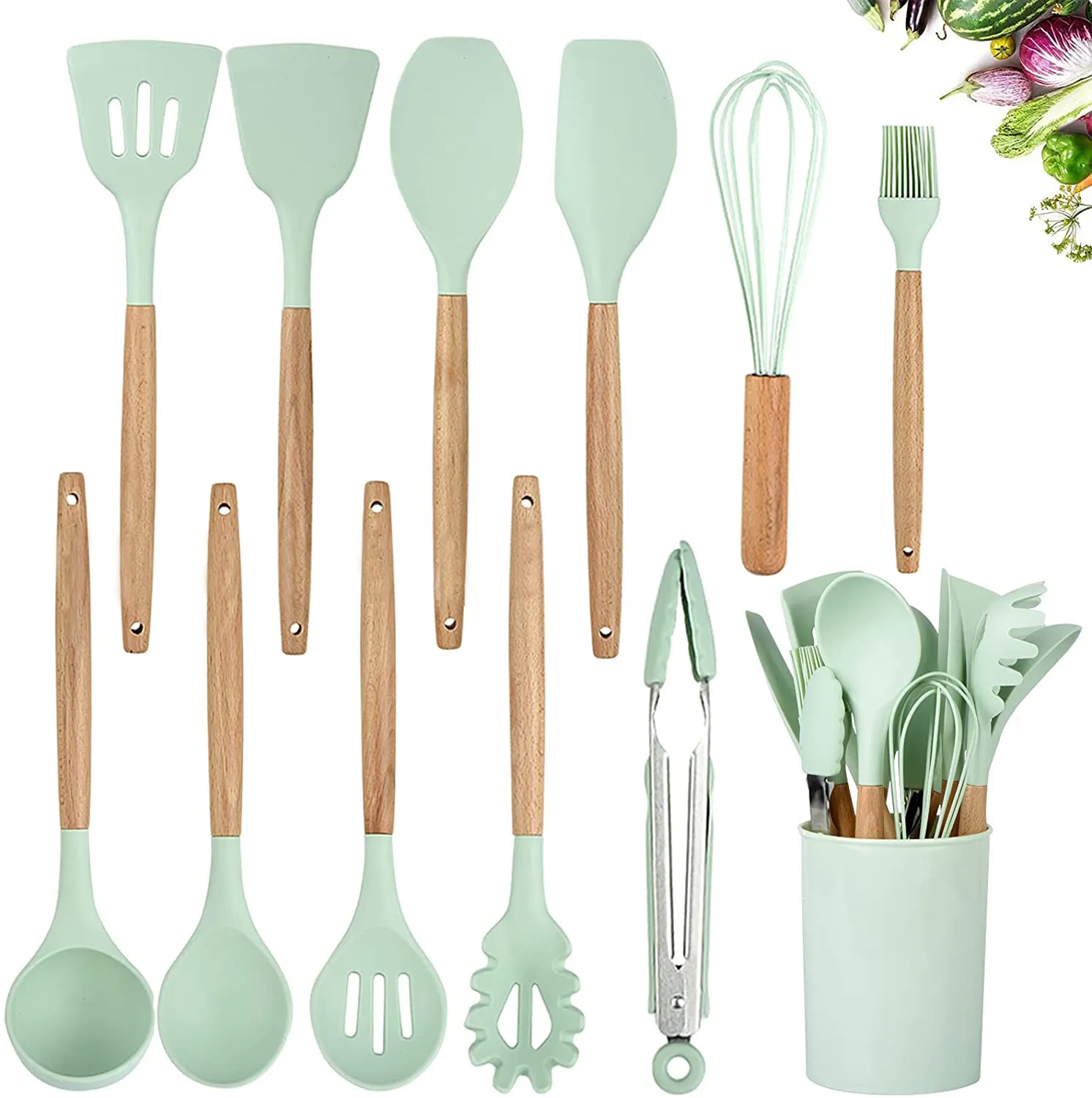 Nonstick 12 PCS New Soft Silicone Spatula Utensil Kitchen Home Silicone Utensils Set with Wooden Handle