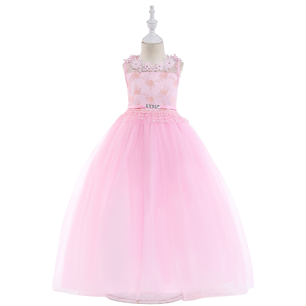 Elegant Embroidery Floral Neck Crystal In Belt kids Wedding Party Pageant Ball Gown long Dress Flower Girls Dresses With Bow