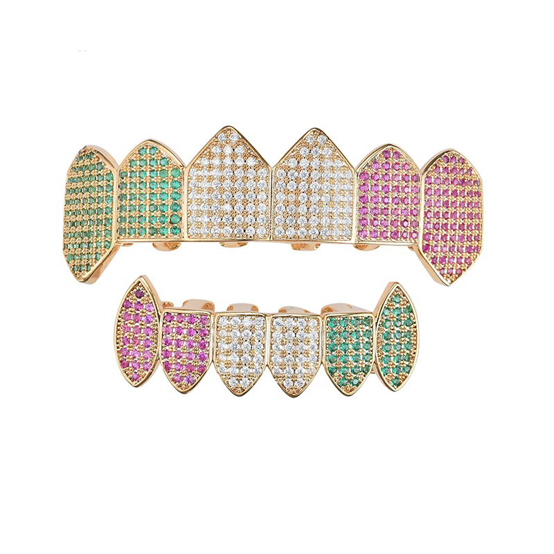 Micro-inlaid Colored Zircon Hip Hop Gold Grillz Trendy Personality Dress Up Teeth Grillz Vampire Grills With Diamond