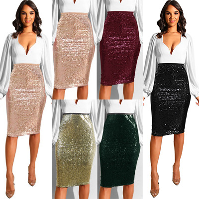 2021 Summer Sequin Skirts Women Straight Knee Length Glitter Pencil elegant Skirt for ladies long skirts