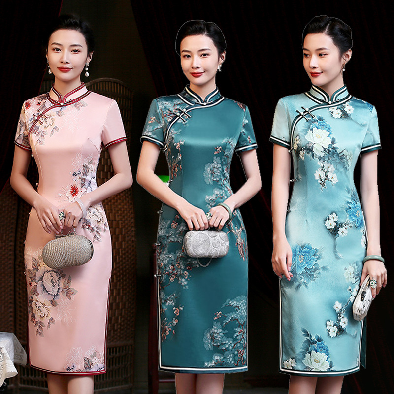 Women's Floral Short Qipao Satin Cheongsam Chinese Dress