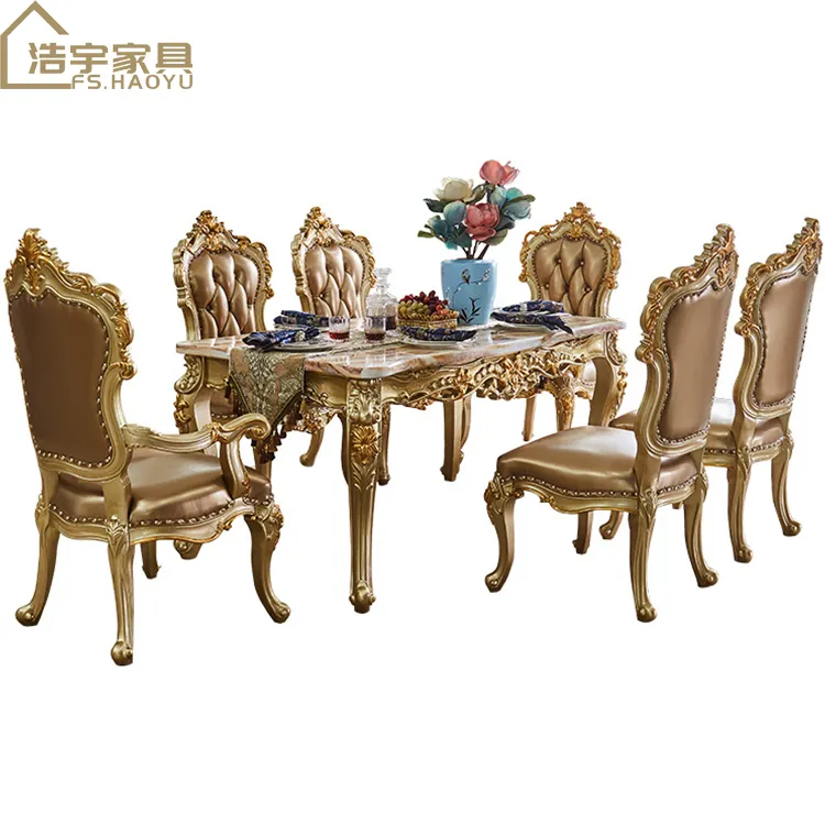solid oak wood European style gold dining set with 6 chairs  luxury marble dining table set