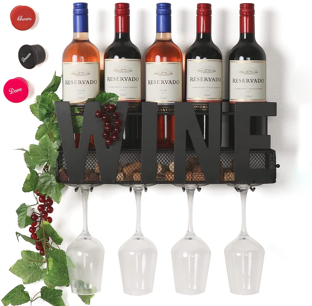 Wall Mounted Metal Wine Rack 4 Long Stem Glass Holder & Wine Cork Storage Wine