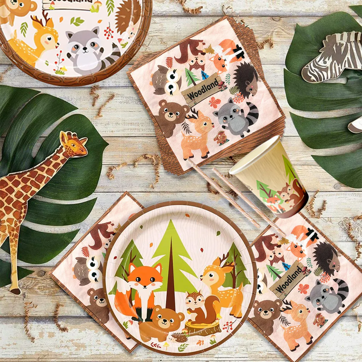 Nicro Jungle Animal Theme Woodland Party Supplies Banner Balloon Cake Topper Tableware Set Kids Birthday Party Decoration