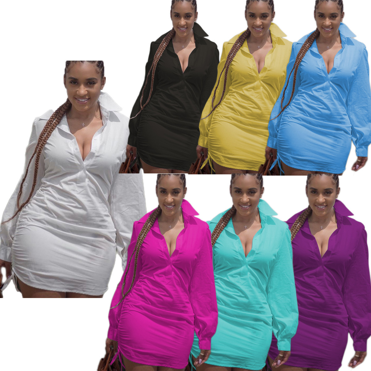 2020 Fashion Low Chest Deep V Neck White Drawstring Long Sleeve Sexy Women Shirt Dress