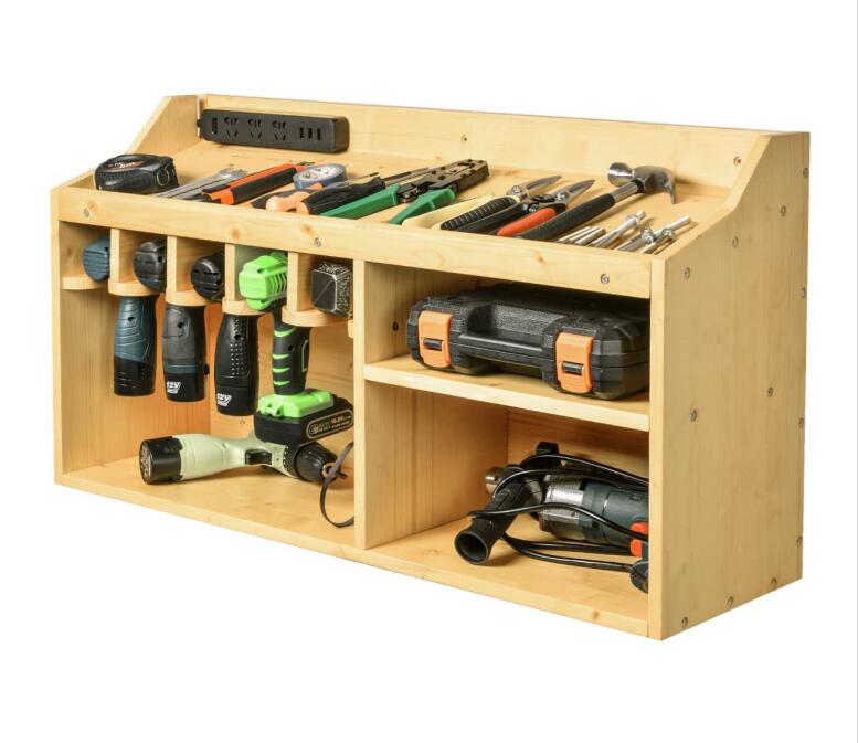 Bamboo Power Tools Storage Organizers Drill Charging Station with 5 Drill Hanging Slots Mechanic Tool Rack