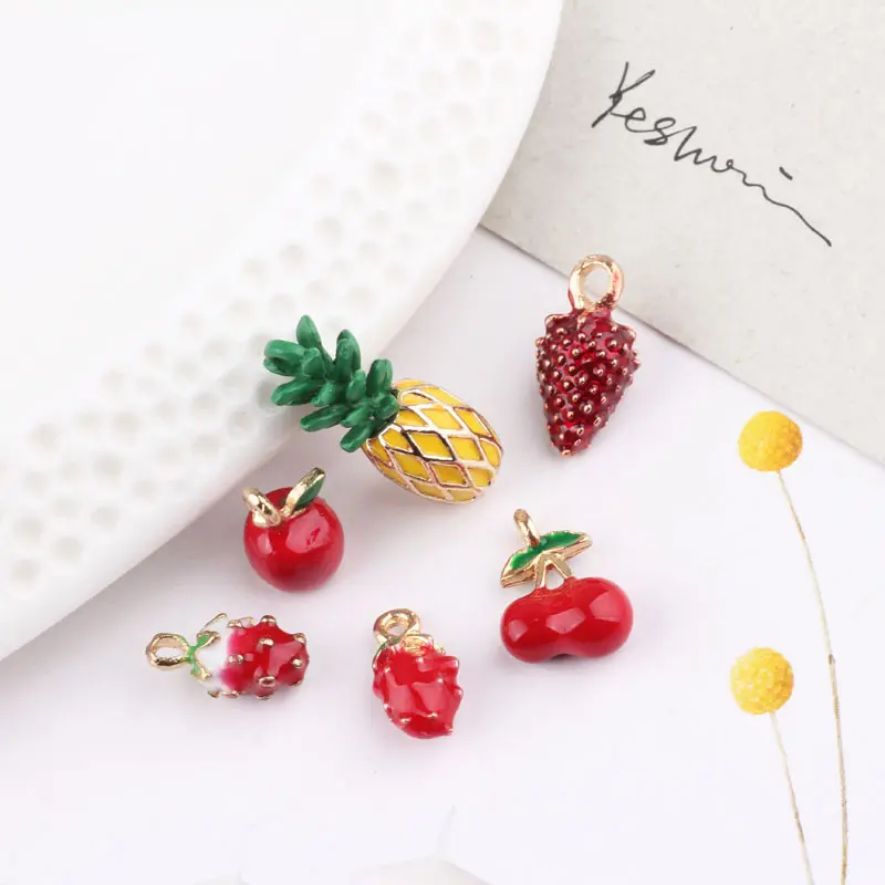 3D Fruit Enamel Charms Cute Gold Tone Cherry Strawberry Pineapple Charms Pendants For Jewelry Making Earring Finding