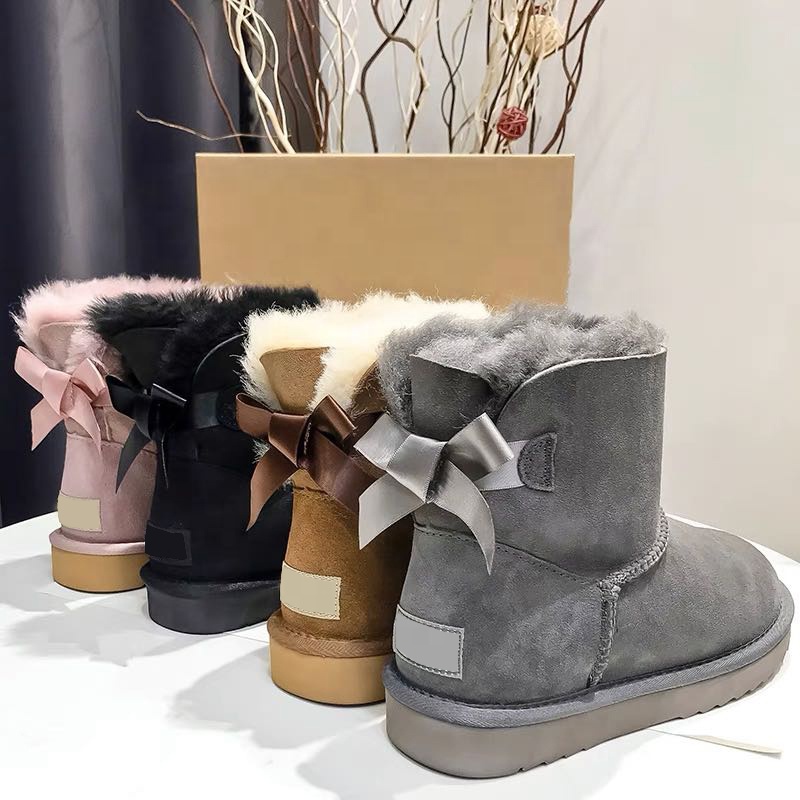 Beautiful Single bow women sheepskin snow boots with real wool lining warm snow boots