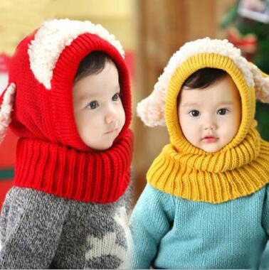 2021 Children's autumn and winter Korean cute puppy shawl baby one-piece hat warm baby woolen hat