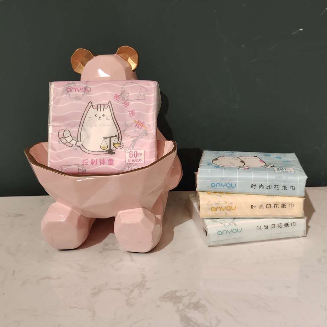 In Stock Cartoon Cat Pattern Super Soft Printed Facial Paper Tissue For Hotel