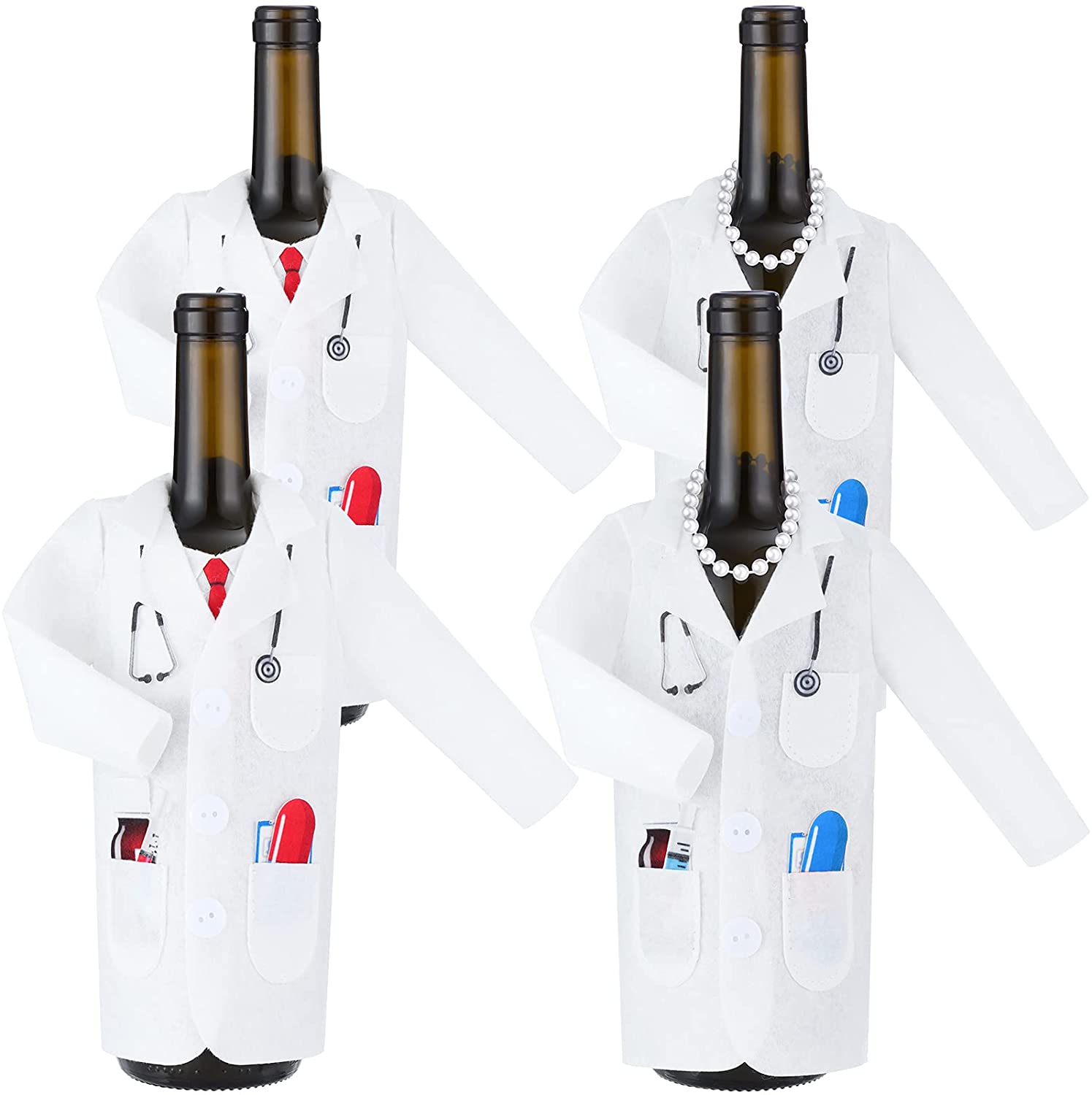 White Coat Wine Bag Felt Doctors White Wine Bottle Cover with Tie White Beer Can Sleeve Necklace for Nurse Women Practitionet