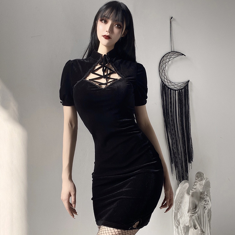 2021 Vintage Dark Sexy Girls Cheongsam High Waist Slim Mini Bodycon Qipao Dresses Lady Club Night Dress