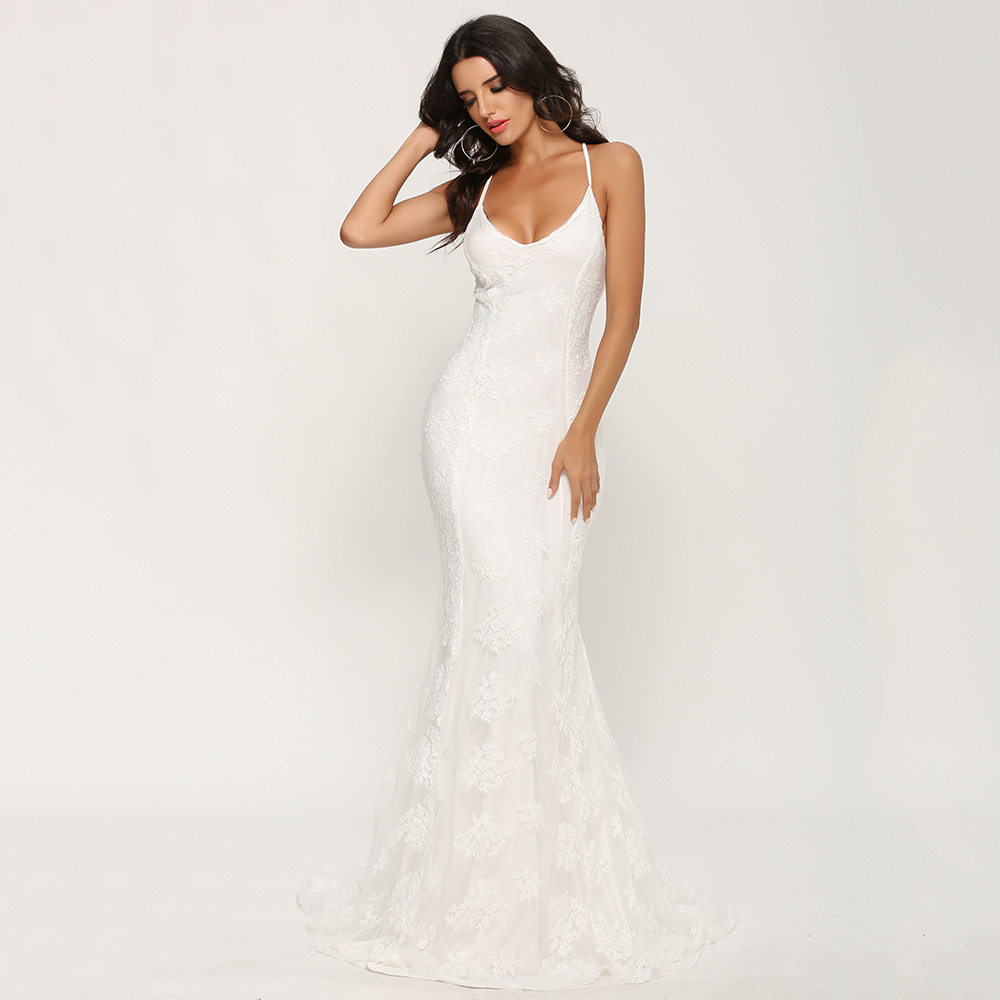 Amazon Hot Sale Europe USA Women Clothing Spaghetti Strap V Neck Sweep Train Wedding Dress