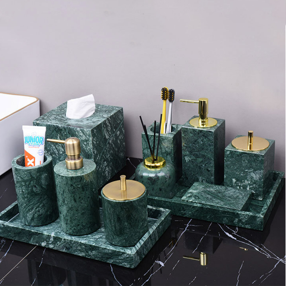 OEM/ODM marmol, китайский завод, оптовая продажа, зеленый мраморный камень, 100% натуральный набор аксессуаров для ванной комнаты в отеле