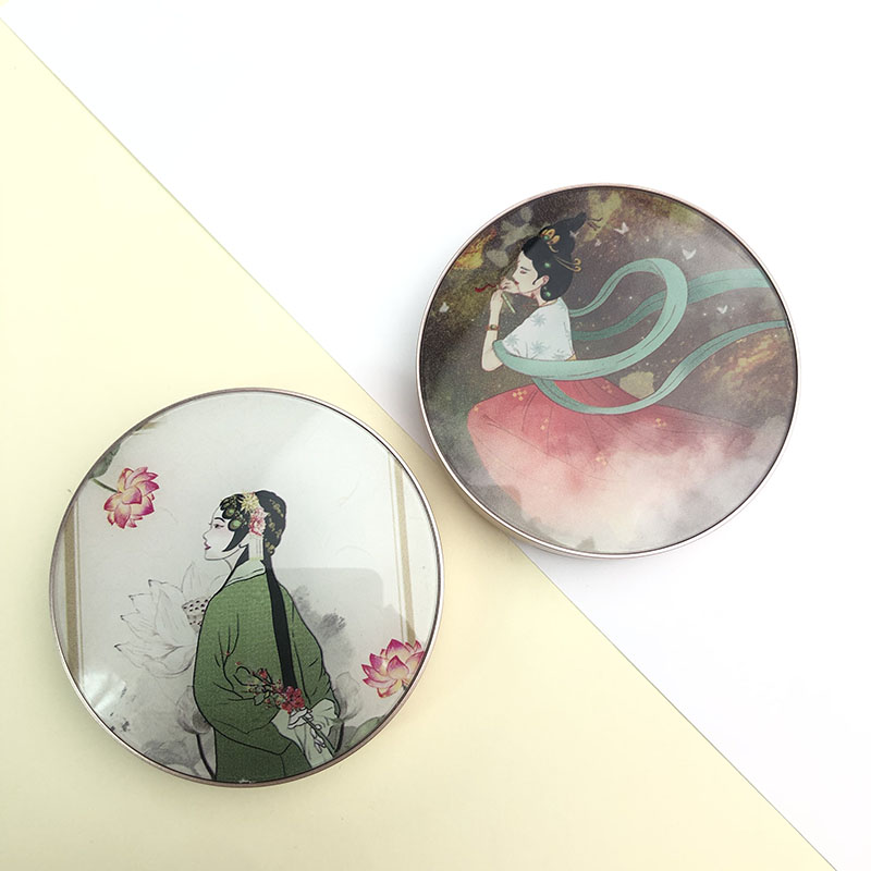 Round gold powder compact with mirror 3 D- printed patterns powder compact beautiful Chinese style powder compact
