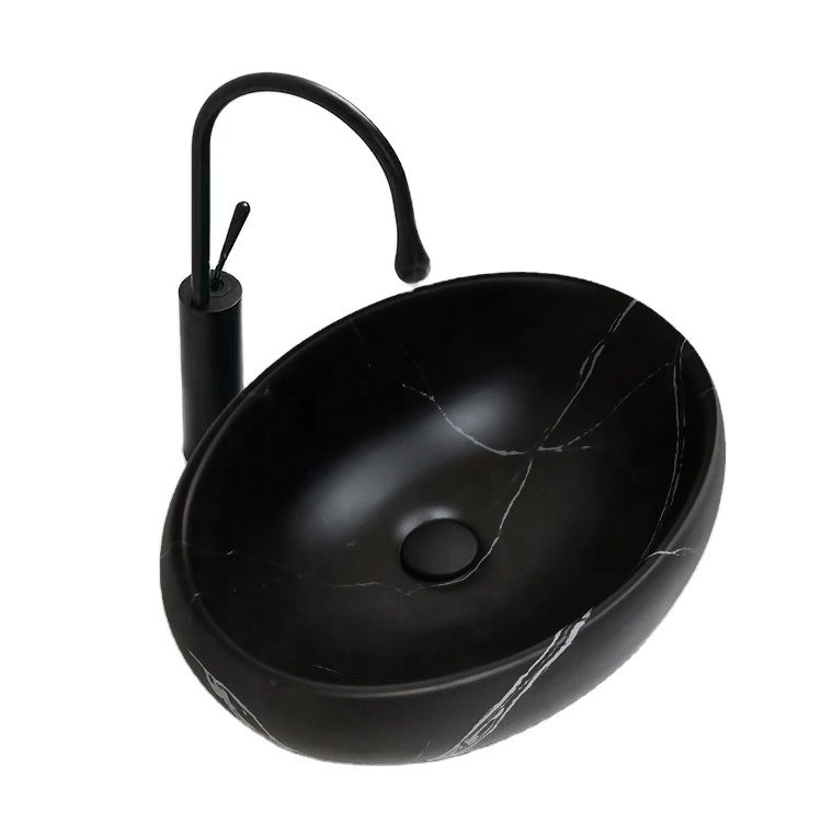 Tarpul Luxury European Style Home Washroom Porcelain Countertop Ware Wash Vanity Wash Oval Black Marble Bathroom Sink