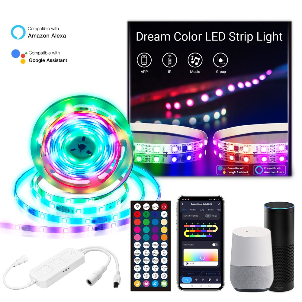 Светодиодные ленты 5 м Smart Dream с регулировкой яркости, 16 миллионов цветов, Wi-Fi, 12 В постоянного тока, RGB, 150 светодиодов, фиксирующие зажимы с Alexa и Google для дома