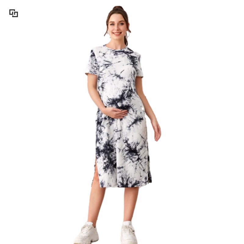 New arrival women breathable staylash long clothing pregnant round neck tie dye sleepwear maternity cotton spring OEM underwear