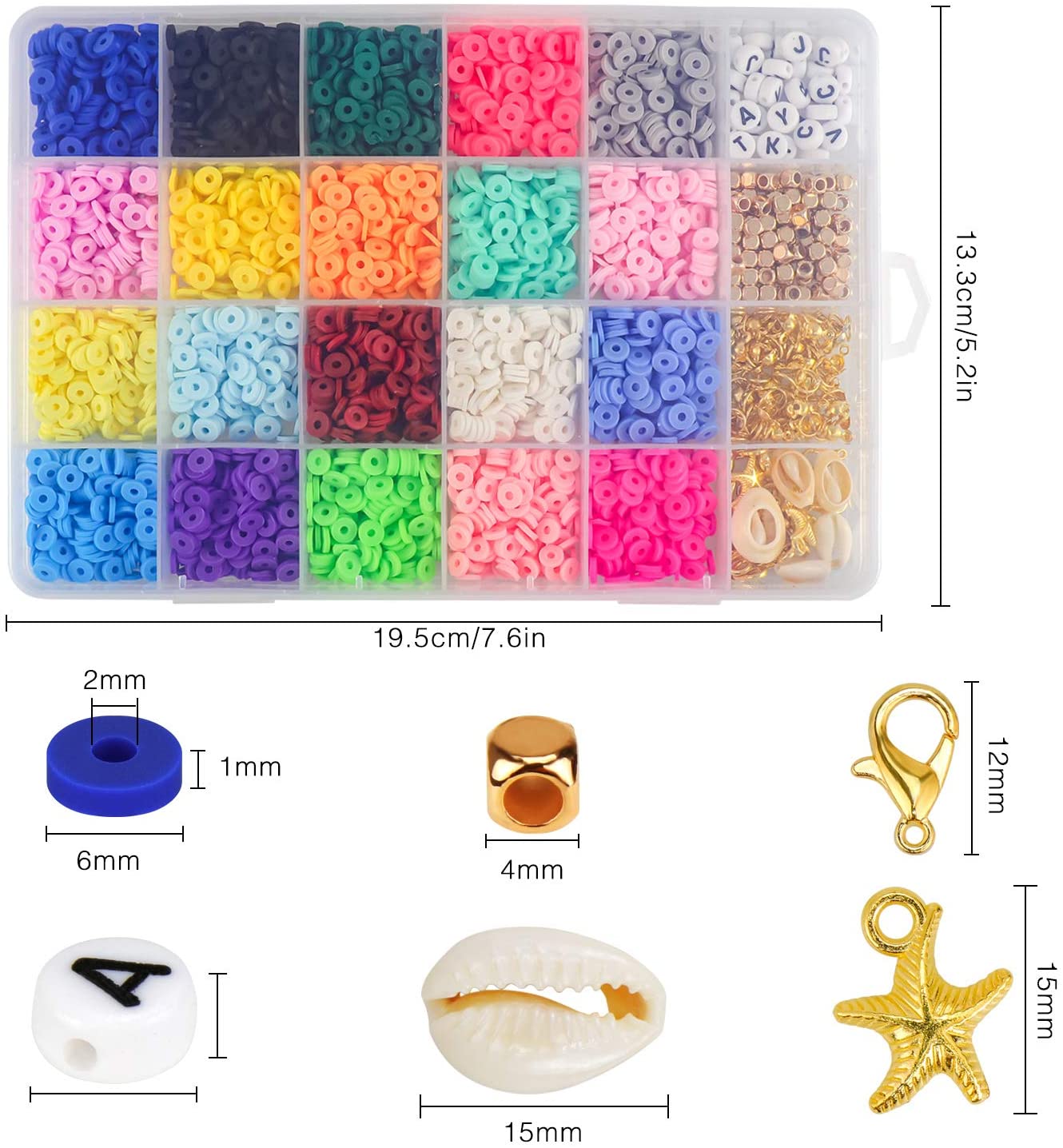 4080 Pcs Clay Beads 6mm 20 Color Flat Round Polymer Clay Spacer Beads with Pendant Charms Kit Roll Elastic String for DIY making