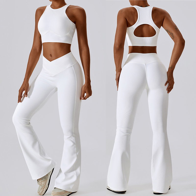 Athletic Fitness Clothing Ladies Gym Fitness Sport Workout Set Activewear 4 Piece Women Flare Pants Cross Back Bra Yoga Suit Set