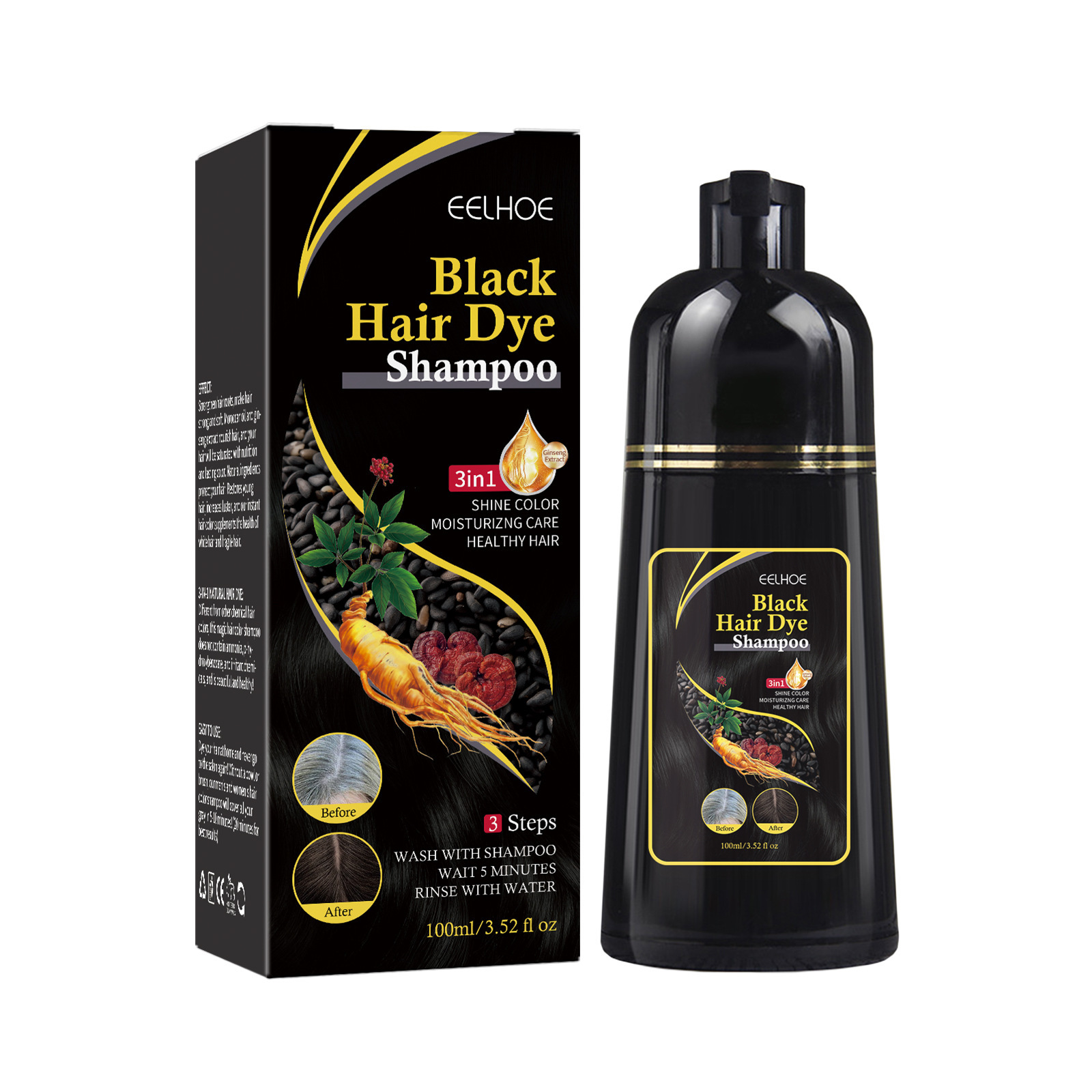 EELHOE Professional Hair Color Shampoo Permanent Black Hair Dye Shampoo