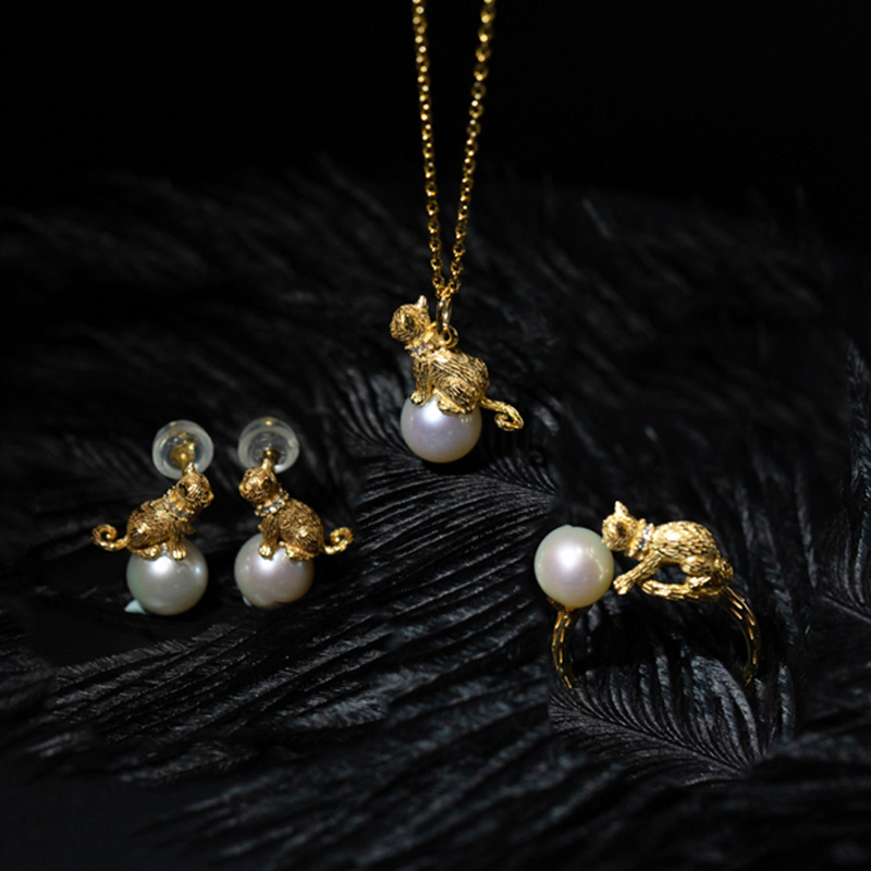 Cat Planet Pearls Jewelry Set Necklace-ring-earrings Whole Package S925 Silver Gold Plating L L Jewelry 925 Sterling Silver Cute