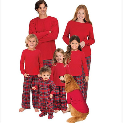 Wholesale 2021 Winter Cotton Child Long Sleeve Kids Matching Blank Family Christmas Plaid Pajamas Two Pieces Set
