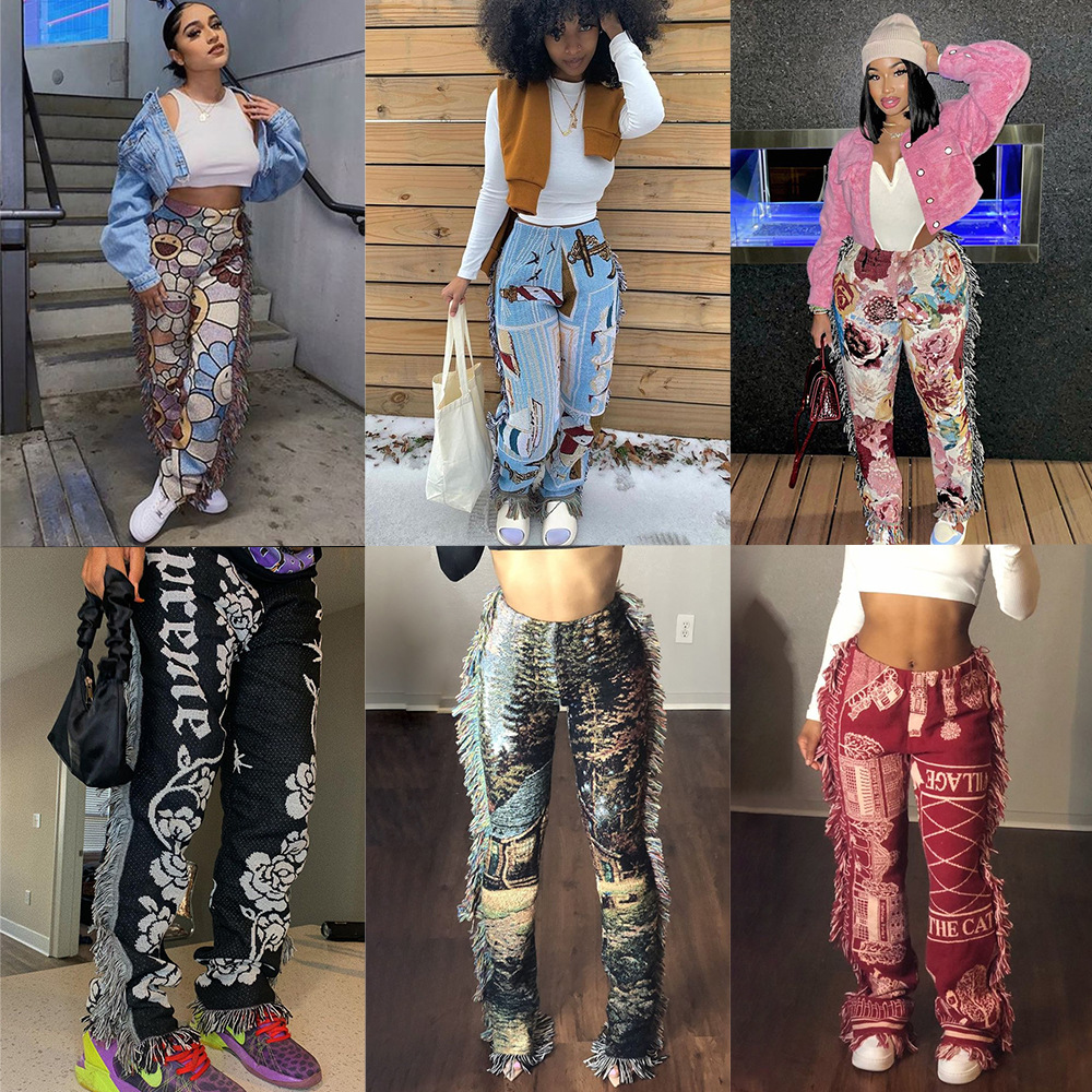 Брюки женские с высокой талией и принтом Tie Dye, Длинные повседневные Модные пикантные уличные штаны с кисточками, лето