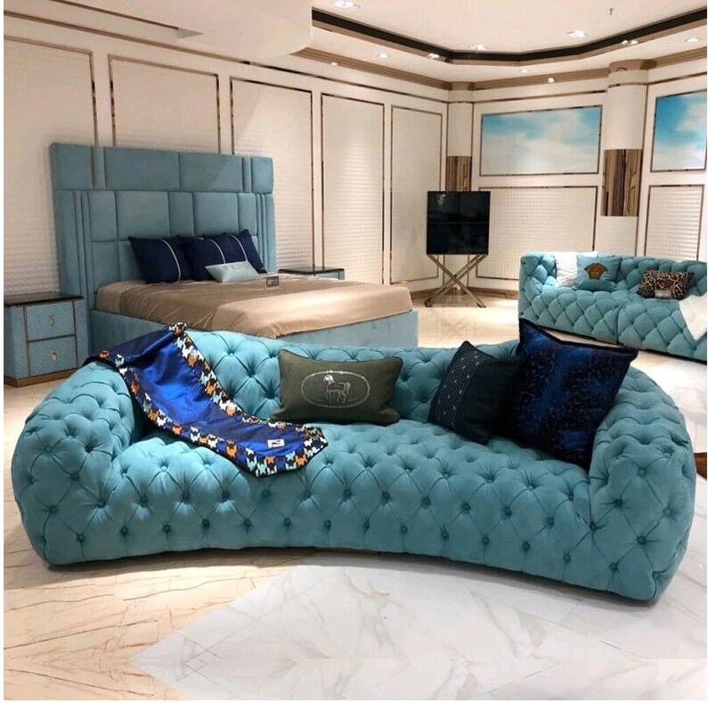 Новый тренд Роскошные 3-местные кнопки Tufted Индиго диваны нубук ткань Chesterfield для гостиной