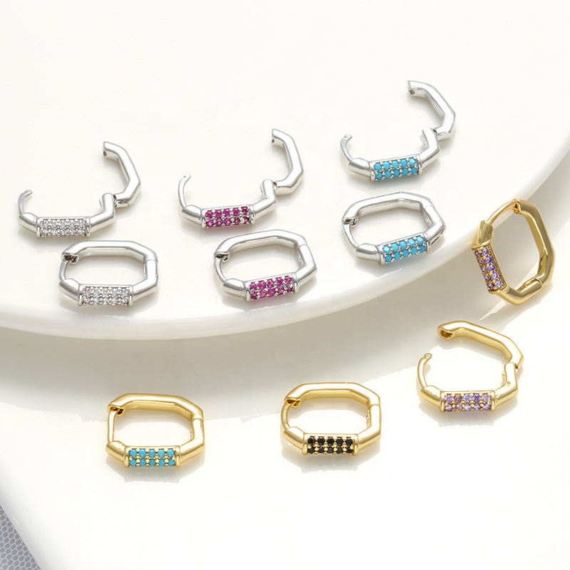 Simple gemotric rectangle 18K real gold plated micro inlay colorful bling zircon diamond cute hoop earrings for women jewelry