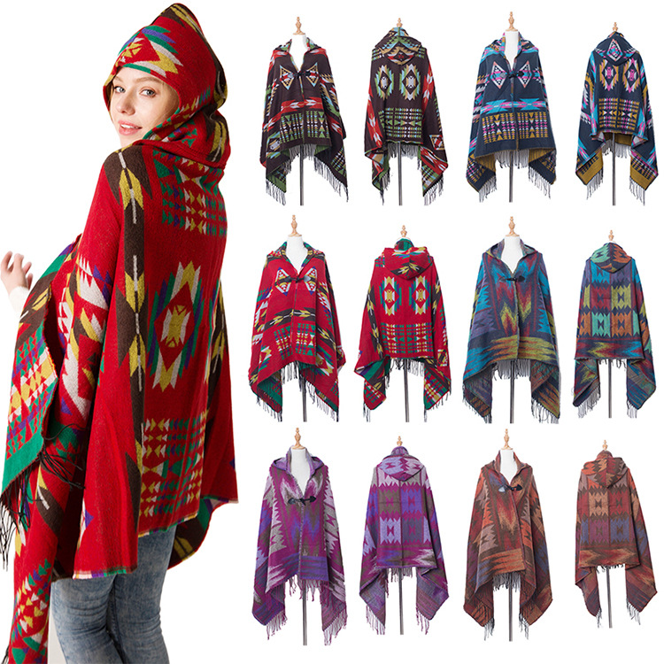 wholesale cloak with hood horn button shawl for womens boho floral printed scarves and shawls