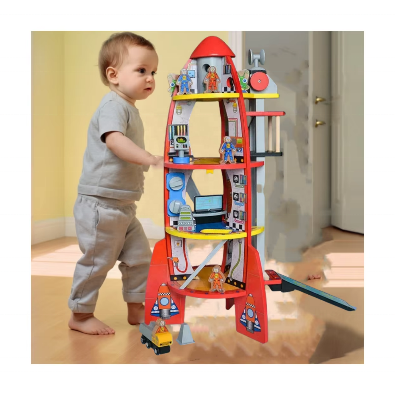 Children's Pretend Play Space Rocket Model Toy Boys Simulation Assembled Wooden Model Toy For Preschool Kids