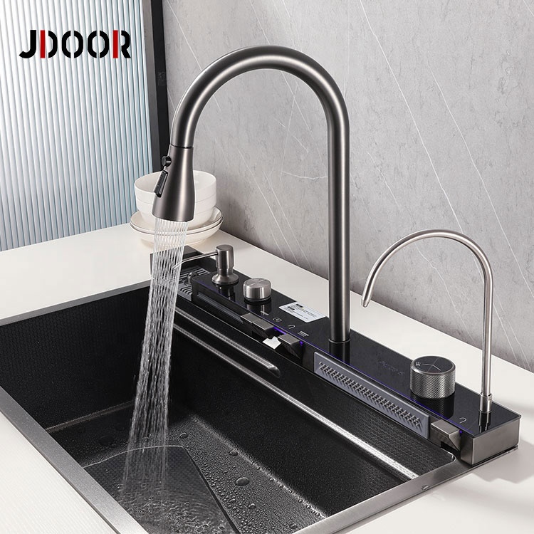 JDOOR новый дизайн современный цифровой дисплей многофункциональная Одиночная чаша из нержавеющей стали светодиодная водопад кухонная раковина с чашкой шайба