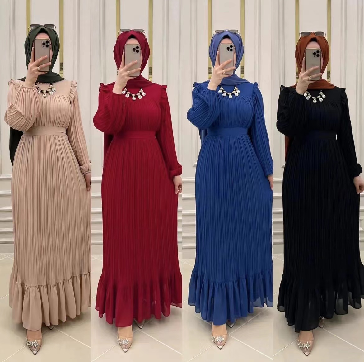 Undefined Latest Design Plain Chiffon Dress Ladies Dress Loose pleated Long Sleeve Long Dress