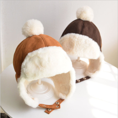 HT-0210 Hot Sale Winter Baby Hat Fur Ball Ear Protection Thickened Turban Hats Lovely Fashion Hot Sale Multi-Color Winter Caps