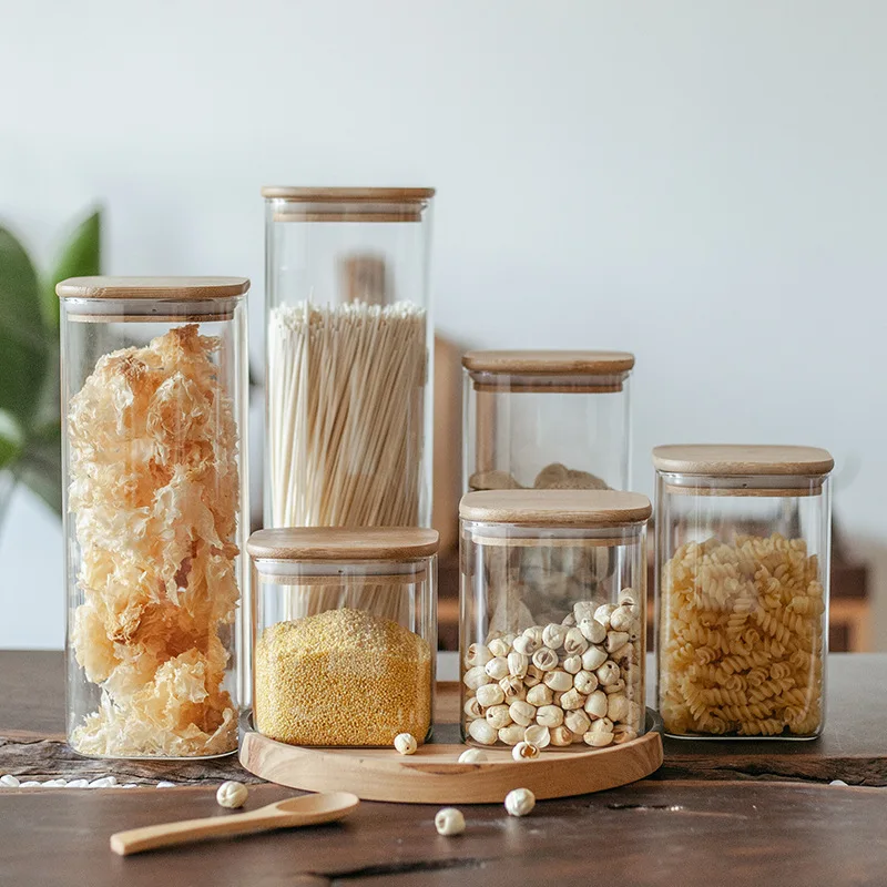 Wholesale kitchen Accessories Borosilicate Glass Food Storage Containers Square Spice Jars With Airtight Bamboo Cork Lid